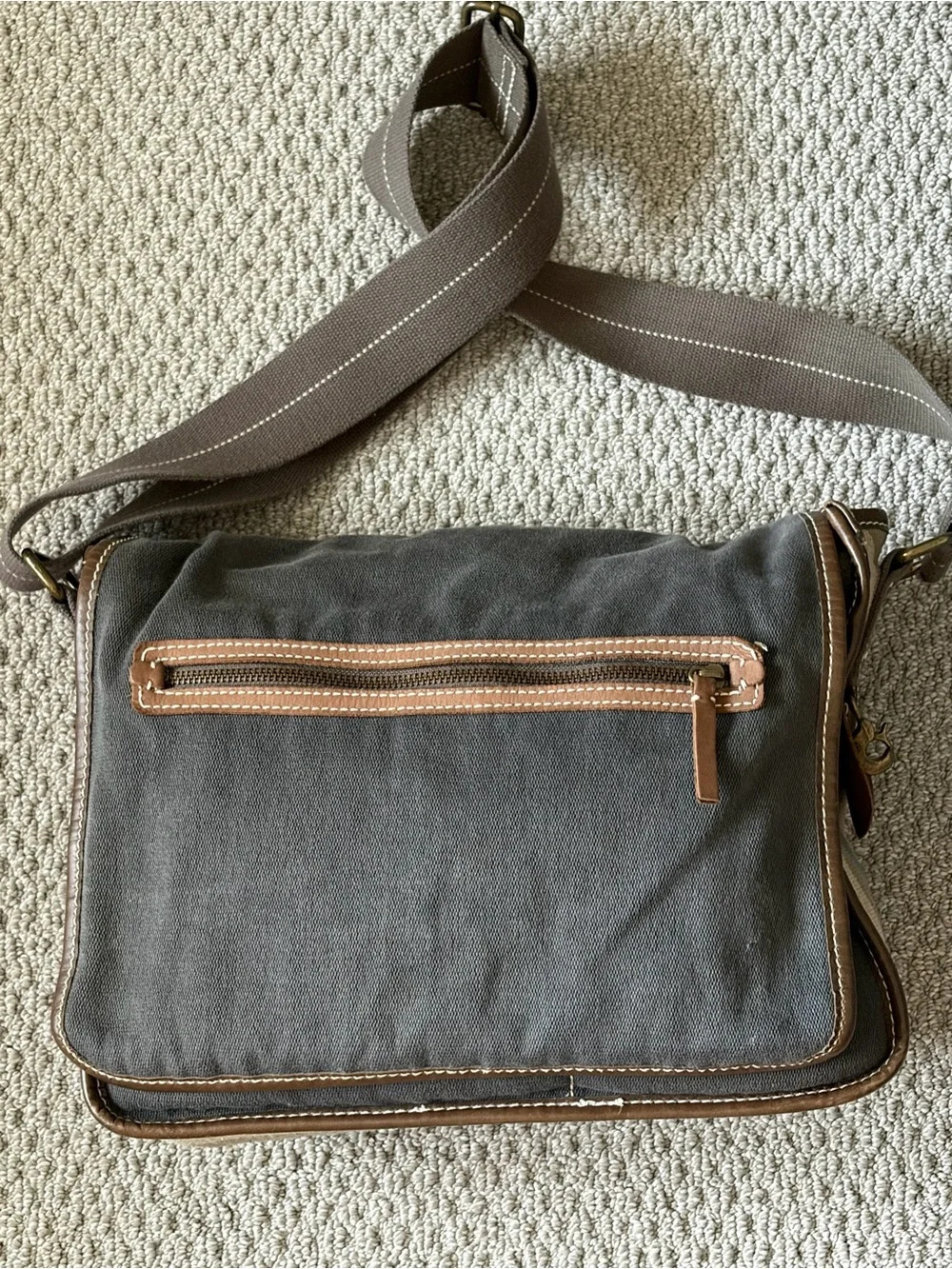 GAP Gray Canvas Messenger Bag with Brown Trim
